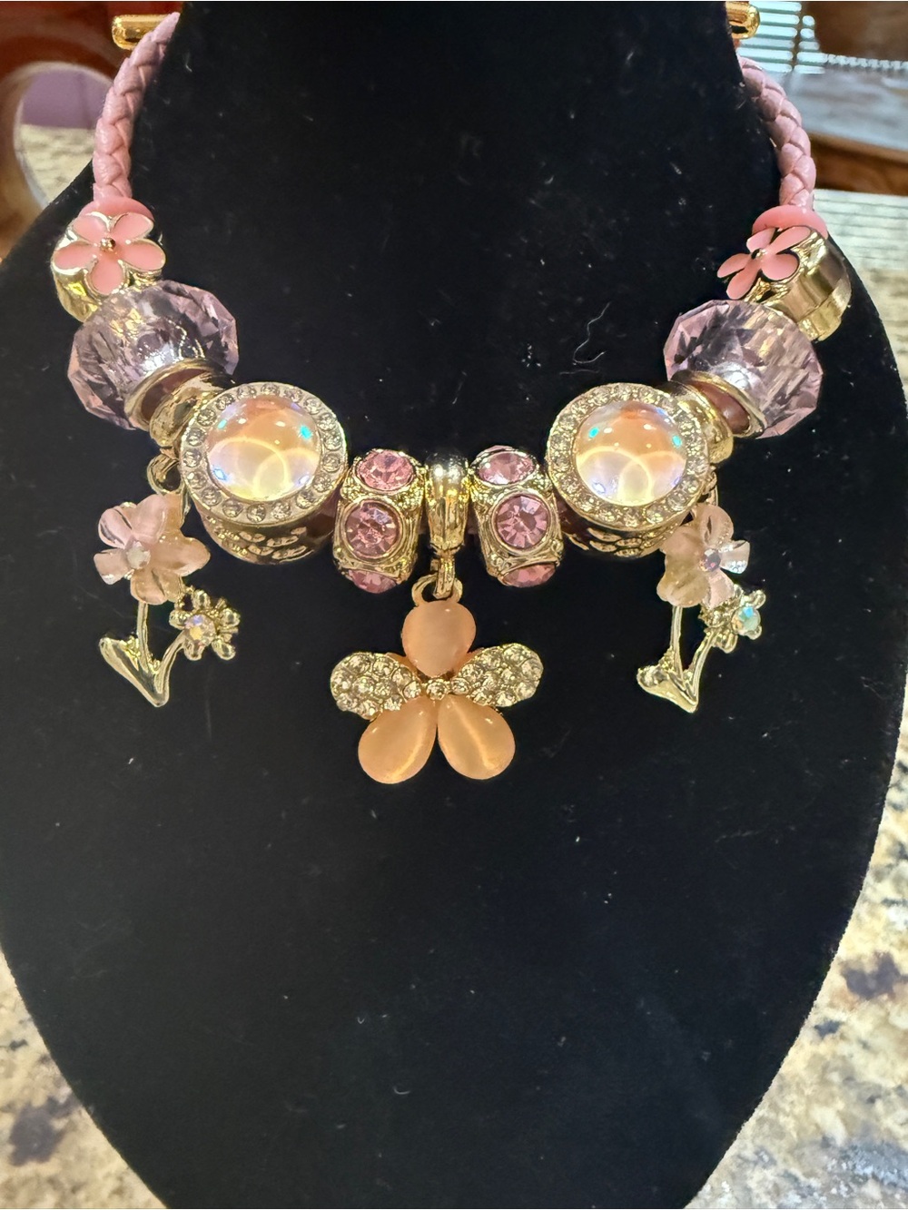 Pink Floral Crystal Charm Necklace - Women Jewelry